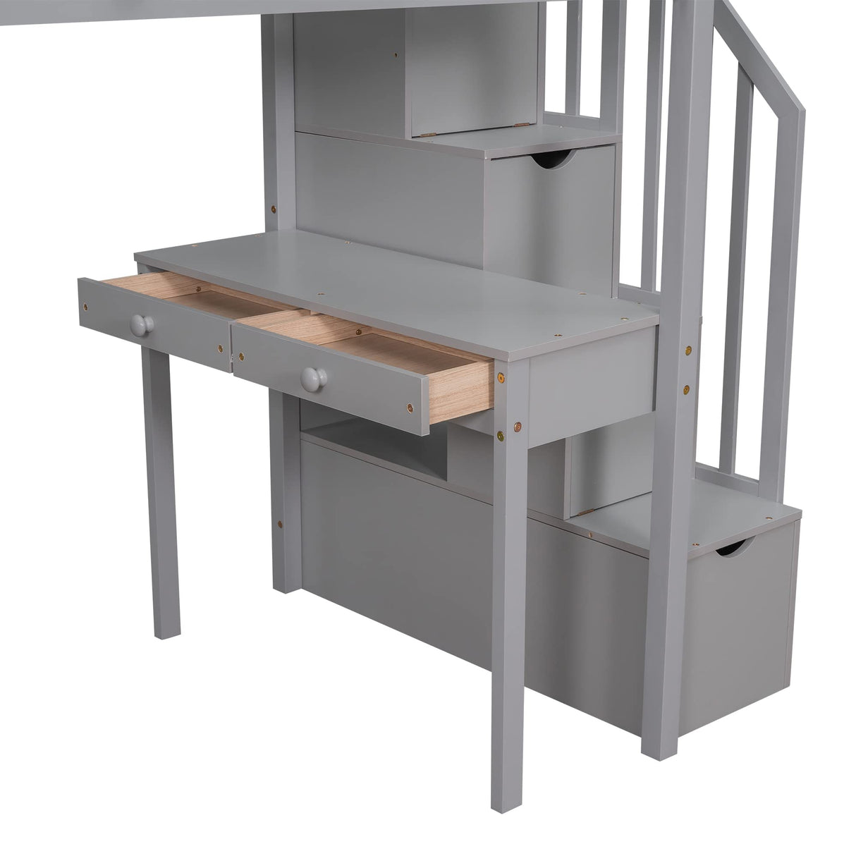 Merax Loft Bed Twin with Desk and Storage Stairs, Space-Saving Wood Bed Frame with Drawers and Shelves, for Teens Adults (Grey) Merax