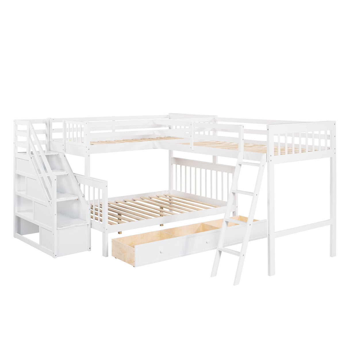 HRJHLucky Twin Over Full L-Shaped Bunk Bed with 3 Drawers,Triple Bunk Bed with 3 Drawers and Storage Stairs,Wood Corner Beds for Kids, Teens, Adults (White) HRJHLucky