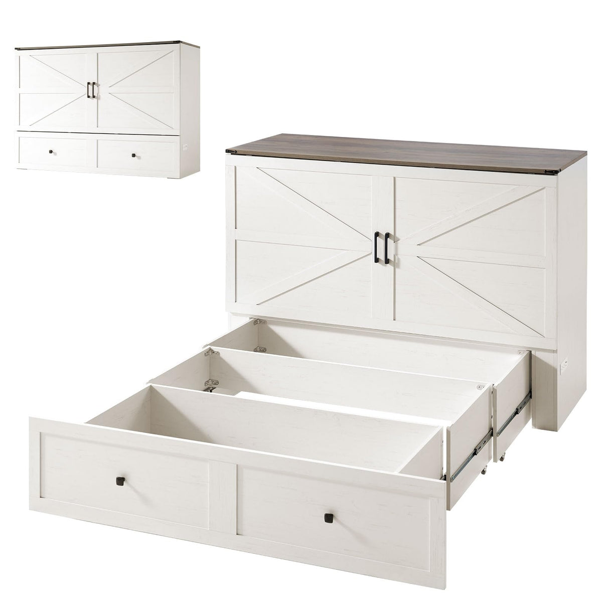 AMERLIFE Full Murphy Bed with Storage & Charging Station, Farmhouse Murphy Cabinet with Foldable Panel, Noisy Free, for Guest Bedroom, Living Room, Office, Distressed White & Barnwood AMERLIFE