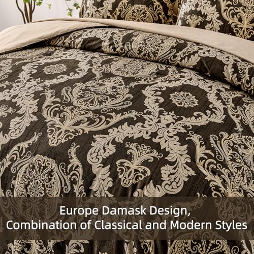 WONGS BEDDING 7 Pieces Comforter Set Queen Size,Damask Texture Design Bed in a Bag Bedding Sets,Brown Soft Lightweight Microfiber Bedding Set for All Season WONGS BEDDING
