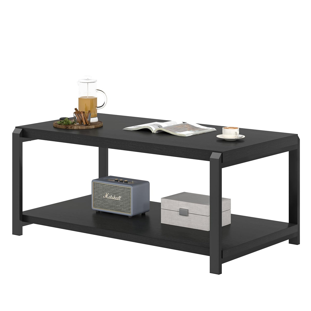 EXCEFUR Black Coffee Table, Modern Rustic Wood Center Table for Living Room, Industrial Rectangle Cocktail Tea Table with Storage Shelf EXCEFUR