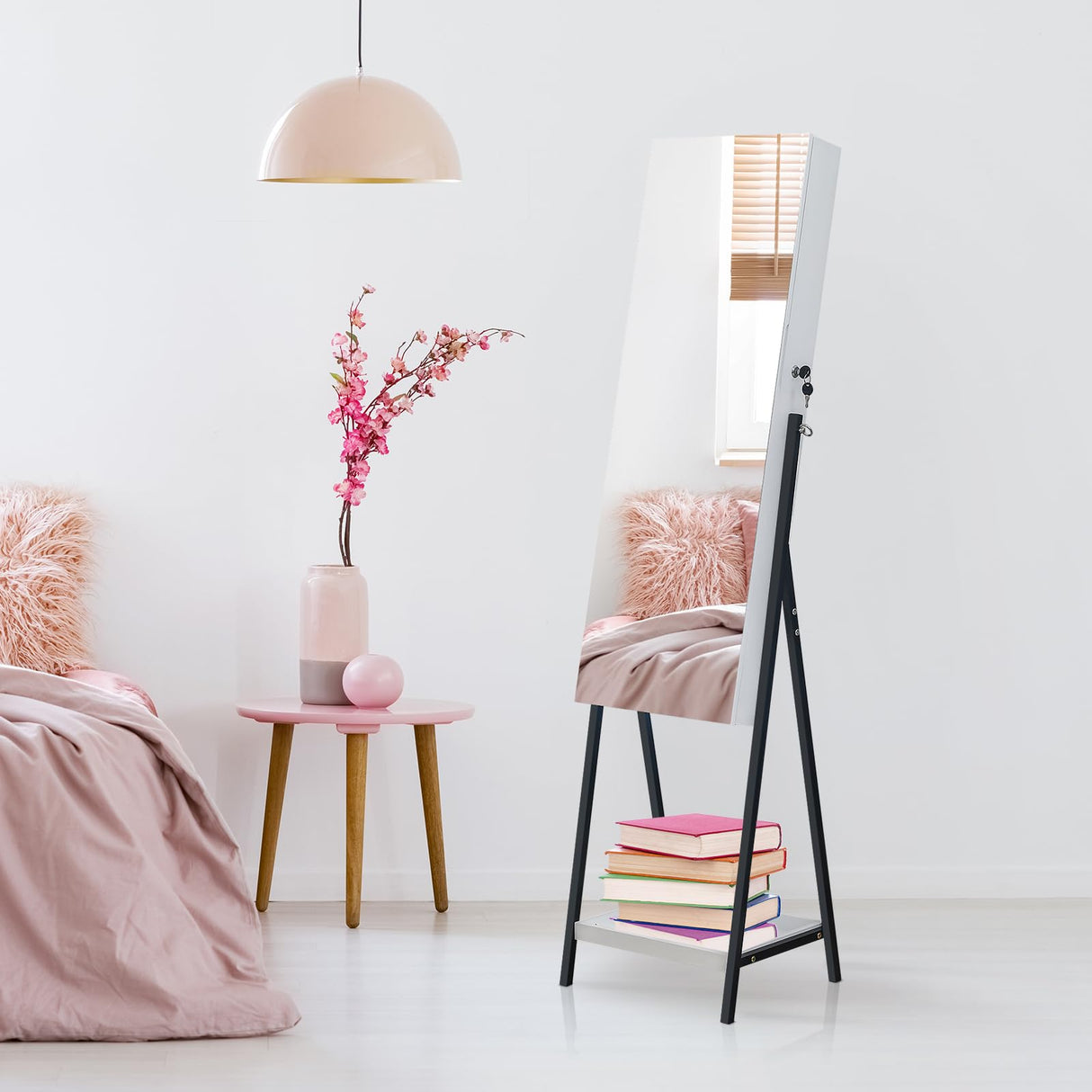 Bonnlo Jewelry Cabinet Full-Length Mirror, Lockable Jewelry Armoire with LED Light, Freestanding Jewelry Box, Large Capacity Organizer with Cosmetic Storage Shelves Bonnlo