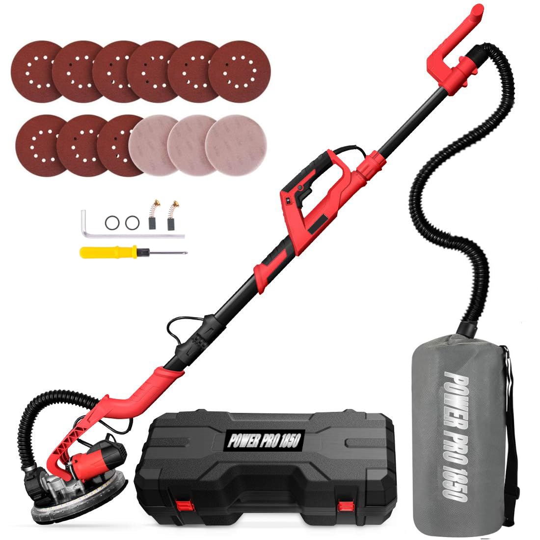 POWER PRO 1850 Electric Drywall Sander - Variable Speed 1000-1850rpm, 750 Watts, with Automatic Vacuum System, LED Light, and Tool Case (1850) Power Pro 2100