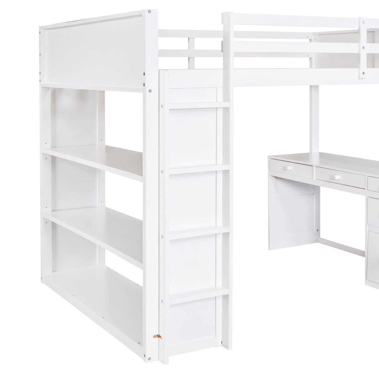 Polibi White Full Size Loft Bed with 5-Drawer Desk, Shelves, and Sturdy Ladder Polibi