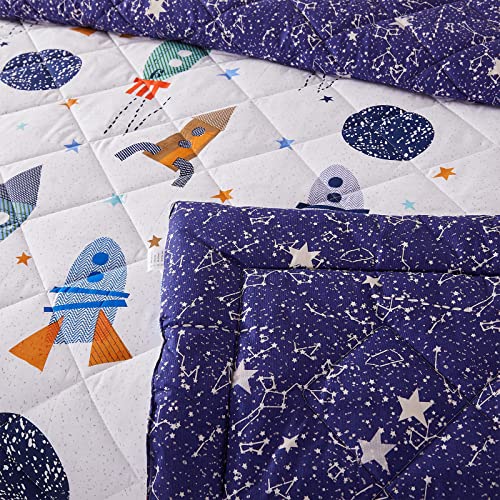 Brandream Kids Space Bedding Set Boy Girl Cotton Comforter Set Space Rocket Galaxy Bedroom 3-Piece Full Size Brandream