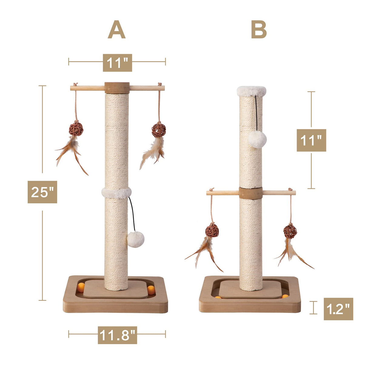 PEEKAB Cat Scratching Post Premium Sisal Scratch Posts with Tracking Interactive Toys Vertical Scratcher for Indoor Cats and Kittens- 25 inches Beige PEEKAB