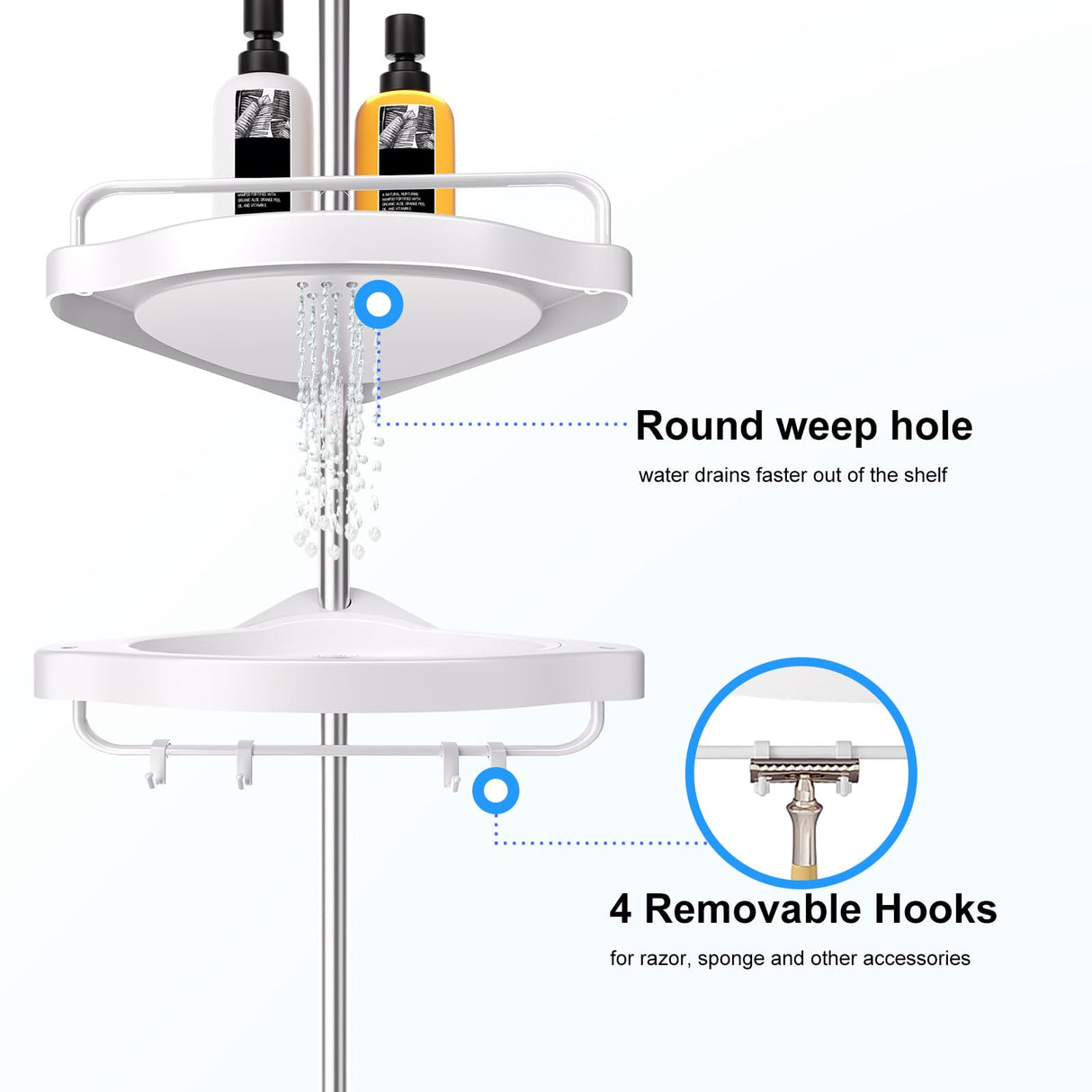 HAMITOR Corner Shower Caddy Tension Pole: Adjustable Stainless Steel Shower Organizer with 4 Tier Shelf for Bathroom Bathtub Tub Shampoo - Floor Standing Rack Bath Storage Holder with Rust Proof Rods HAMITOR