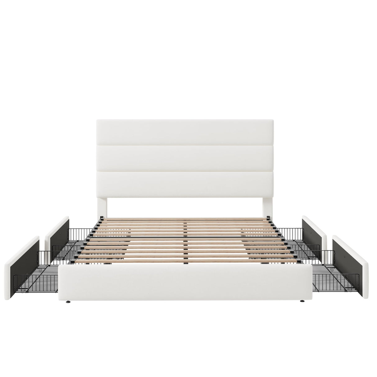 Allewie Modern Queen Size Platform Bed Frame with 4 Storage Drawers and Velvet Upholstered Headboard, Wooden Slats Support, Upholstered Mattress Foundation/No Box Spring Needed/Easy Assembly, White Allewie