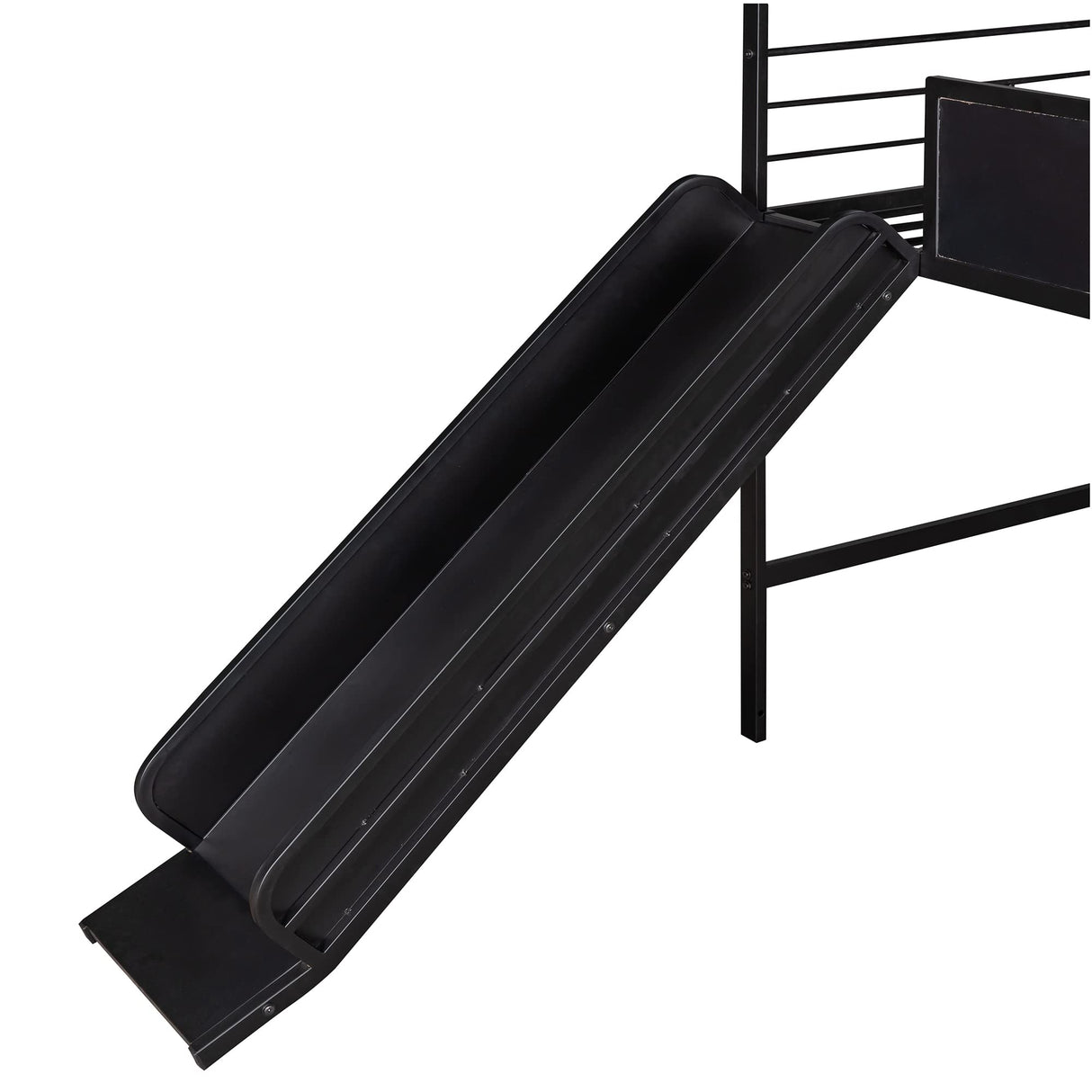 Twin House Loft Beds with Slide and Chalkboard, Low Loft Bed Twin Size, Metal House Bed with Guardrail and Ladder, Metal Twin Size Loft Bed for Kids Teens Girls Boys (Twin, Black) Harper & Bright Designs