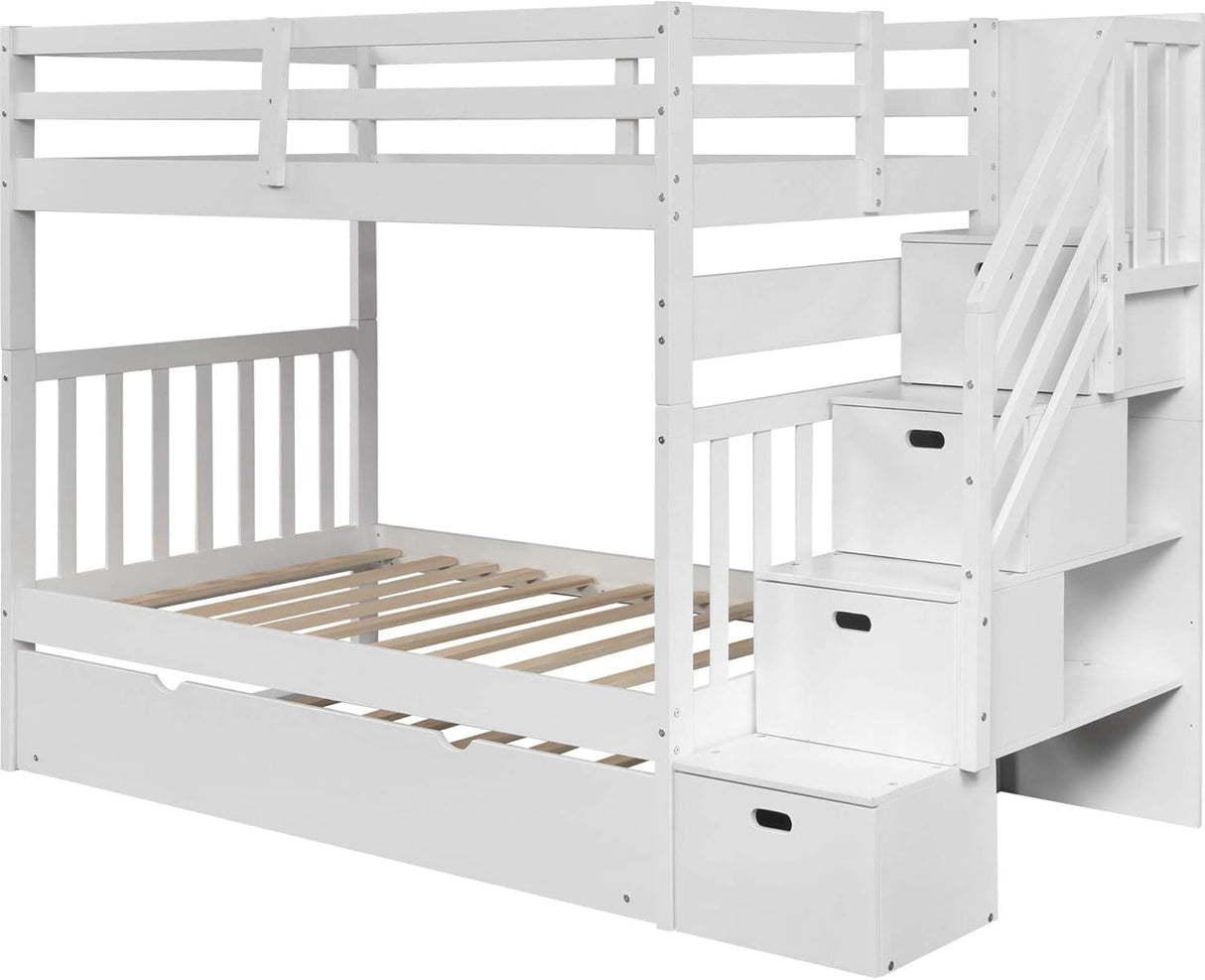 MERITLINE Twin Over Twin/Full Convertible Bunk Bed with Twin Trundle, Storage Stairs and Drawers,Solid Wood Detachable Bunk Bed with Storage Shelves for Adults,No Box Spring Needed (White) MERITLINE