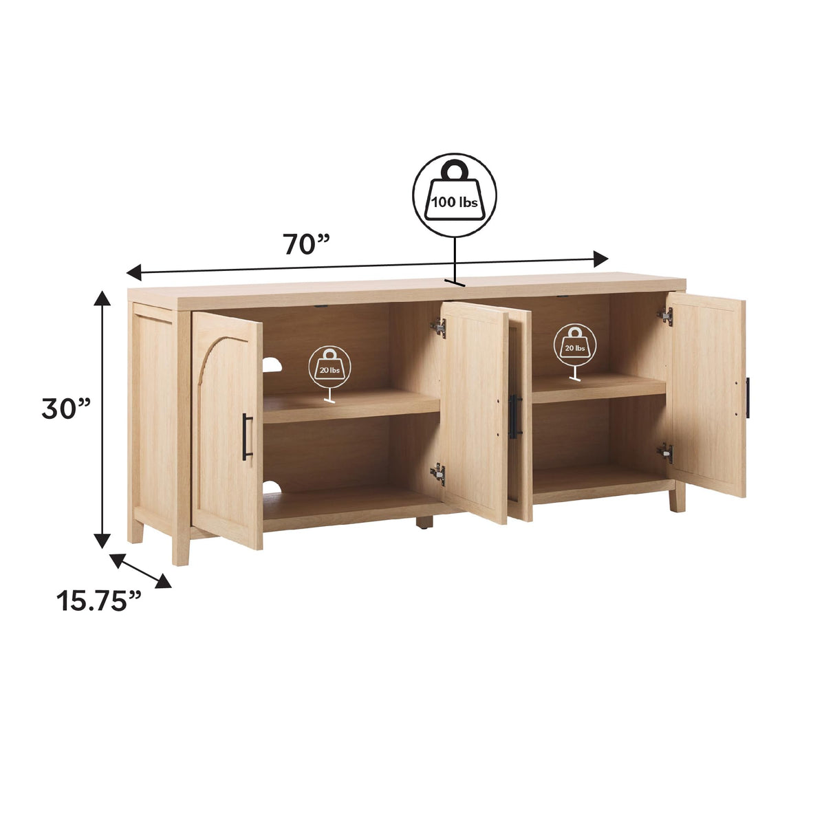 Walker Edison Sasha 4-Door Reeded Sideboard Buffet with Cord Management, 70 Inch, Coastal Oak Walker Edison