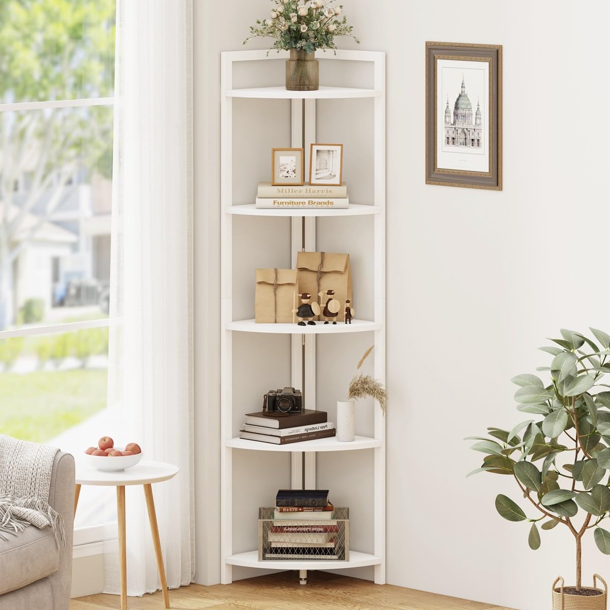 FATORRI Tall Corner Shelf, 5 Tier Modern Corner Bookshelf Stand, Wood and Metal Corner Plant Bookcase for Living Room, Home Office (White Oak) FATORRI