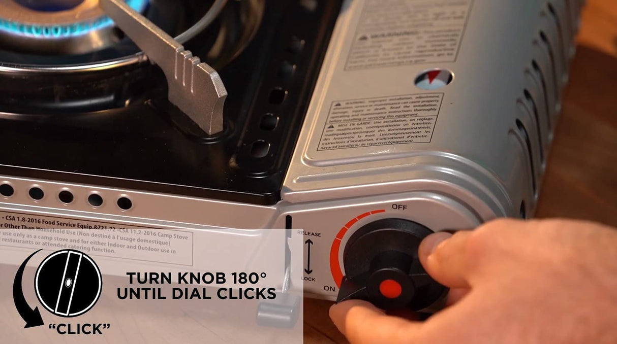 Chef Master 15,000 BTU Output Portable Butane Camping Stove, Peizo Click Ignition, Double Wind-Guard Portable Stove Burner for Emergencies, Tailgating, Hiking, Backpacking & Camping Essentials - 90019 Chef Master