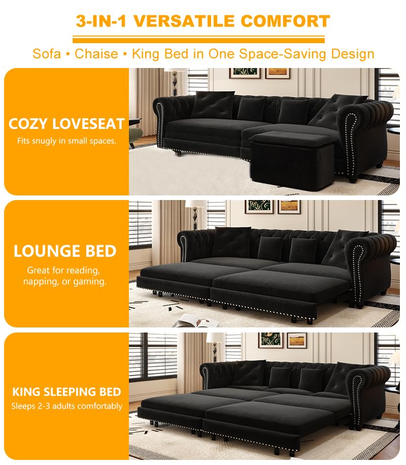 LuxyHoom 89" King Pull Out Sofa Bed, Velvet Chesterfield Sleeper Sofa Couch, 3 in 1 Convertible Tufted Futon Couches with Ottoman for Living Room, Small Space, Apartment, Office, Bedroom, Black LuxyHoom
