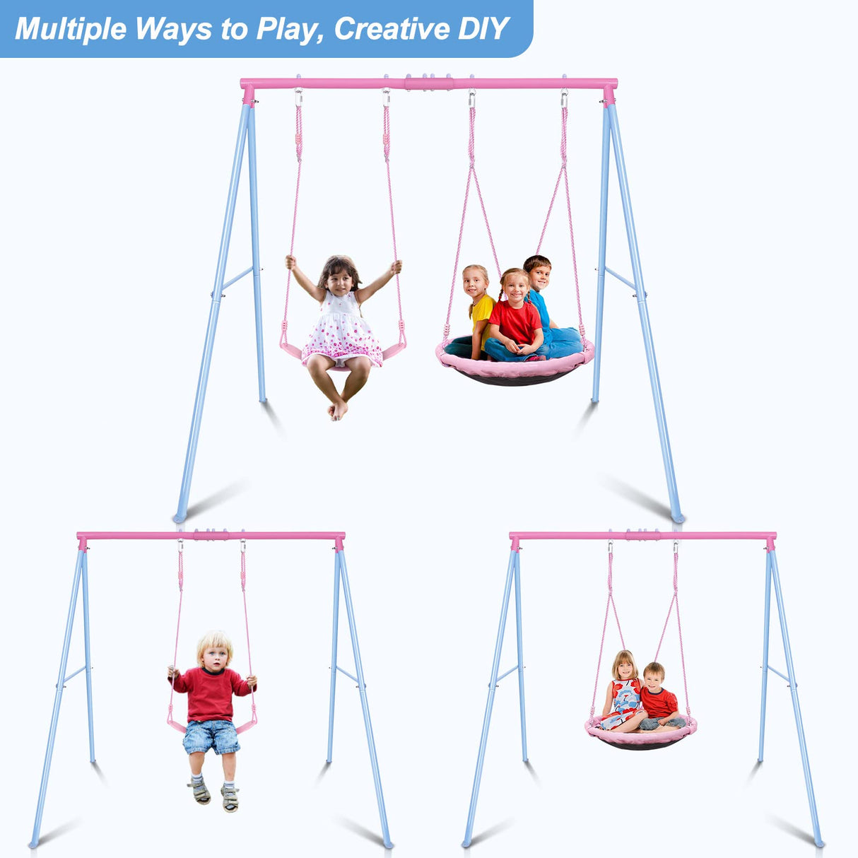 Lunafun Swing Set, 440lbs, Heavy-Duty A-Frame Metal Outdoor Swing Stand, 1 Saucer & 1 Belt Swing seat for Playground, Backyard Pink Lunafun