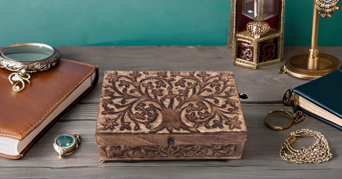 Great Birthday Gift Handmade Decorative Wooden Jewelry Box Tree Of Life Carving Jewelry Organizer Keepsake Box Treasure Chest Trinket Holder Watch Box Storage Lock Box Housewarming Gifts The Great Indian Bazaar