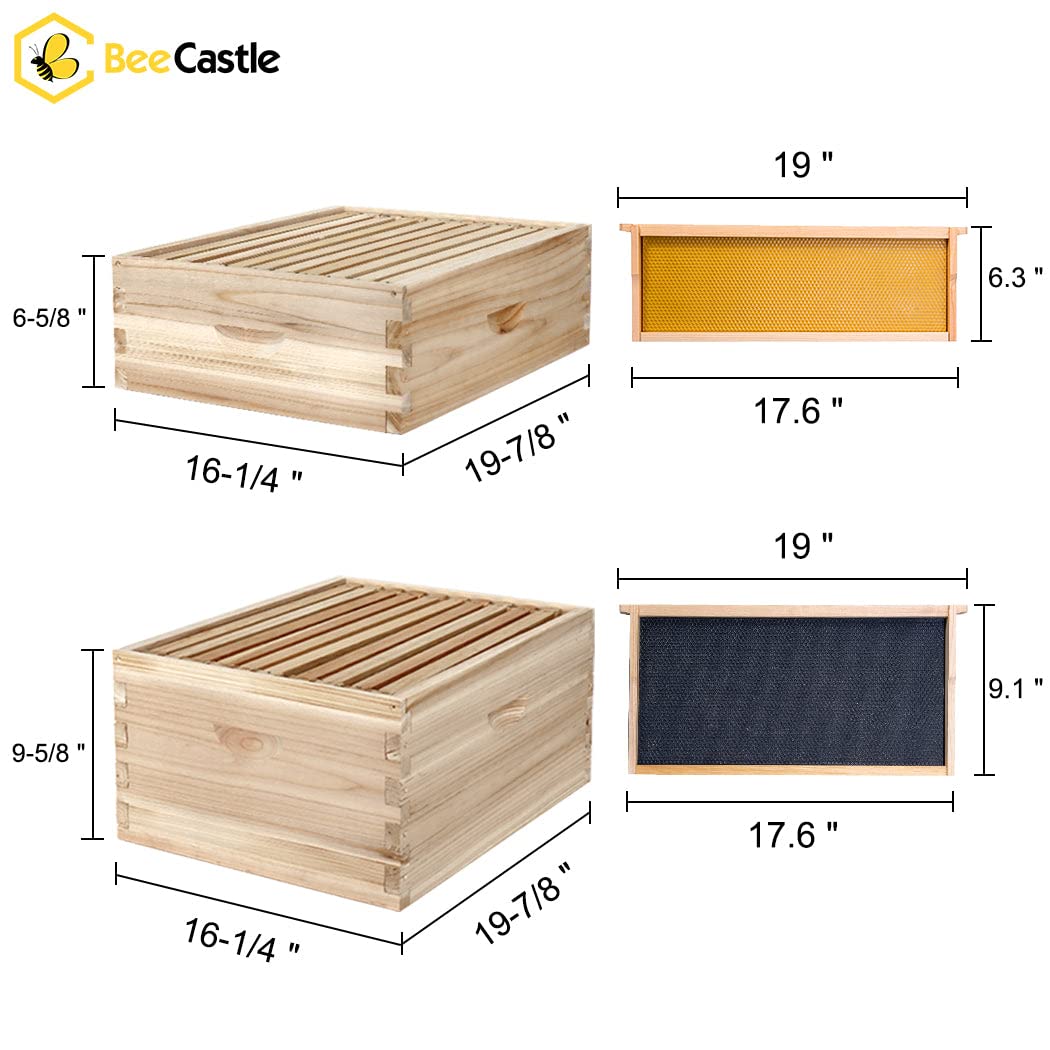 BeeCastle 10 Frame Langstroth Bee Hive, Beehive Starter Kit for Beginners with Beehive Frames and Waxed Foundation (1 Deep Box & 1 Medium Box) BeeCastle