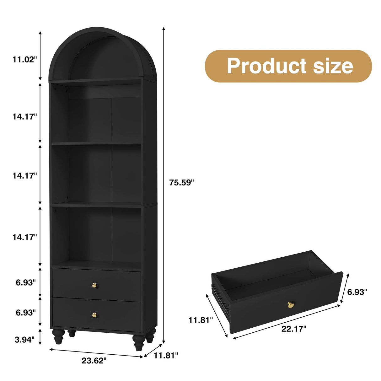 YUCHIATH 75.59" H Arched Bookcase, 4-Tier Arched Cabinet Bookcase with Drawer and Shelves, Accent Display Cabinet with 2 Drawer Storage for Living Room, Reading Room and Bedroom (Black) YUCHIATH