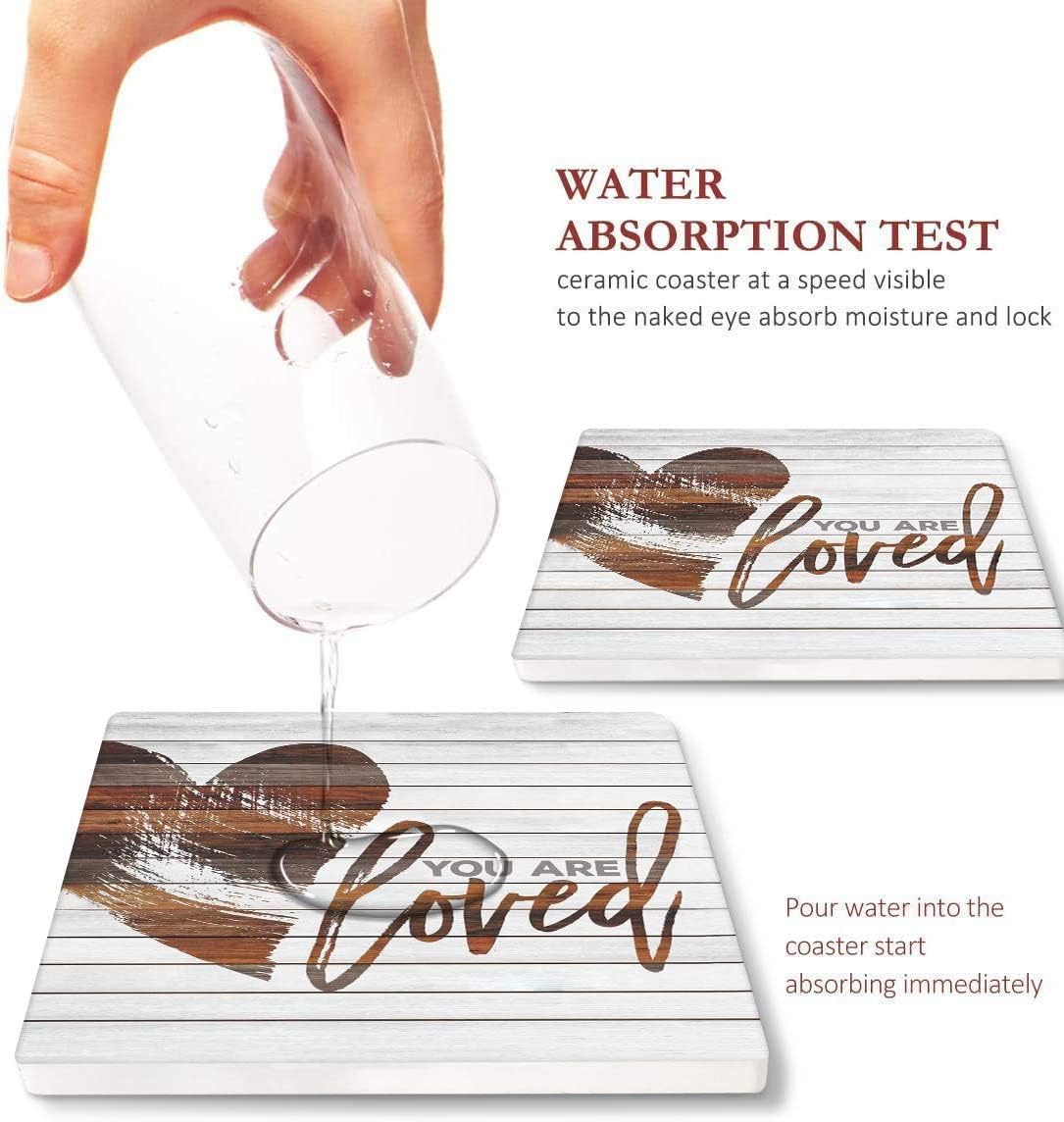 Britimes Coaster for Drinks Set of 6, Worn Wood Absorbent Square Ceramic Stone Mat, with Cork Base and Metal Holder, Gift for Housewarming Room Bar Decor Britimes