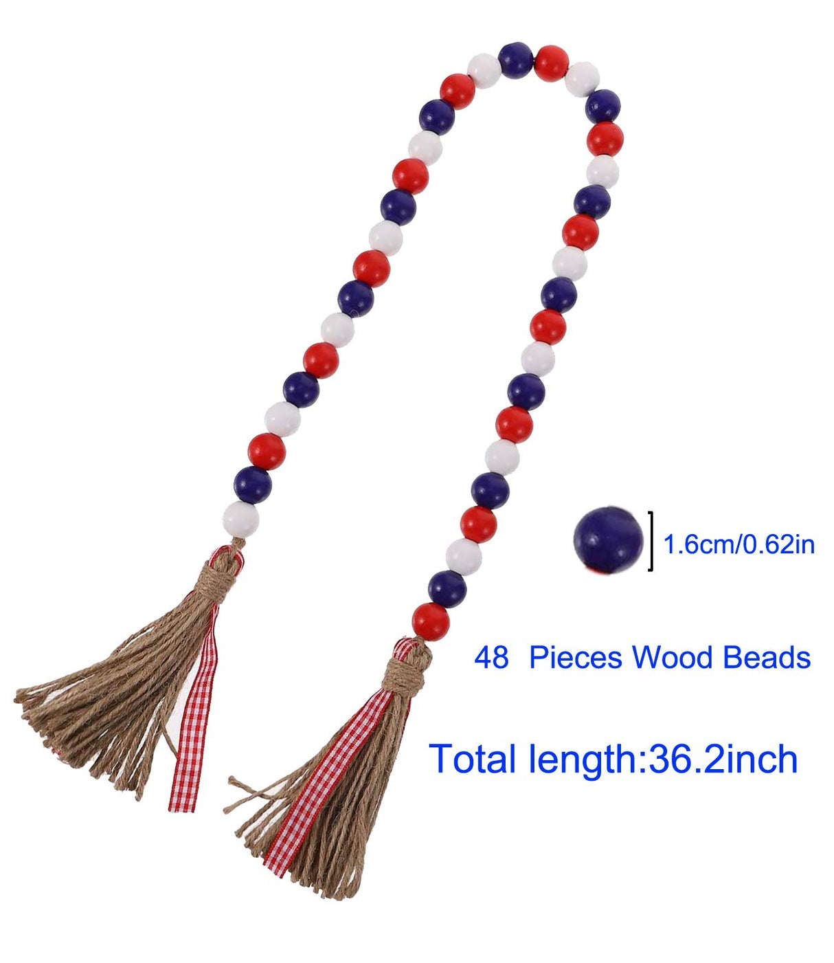 Wood Bead Garland with Rustic Tassels, Farmhouse Wall Hanging Prayer Beads Patriotic American Independence Day 4th of July Ornaments for Home Decor Medoore