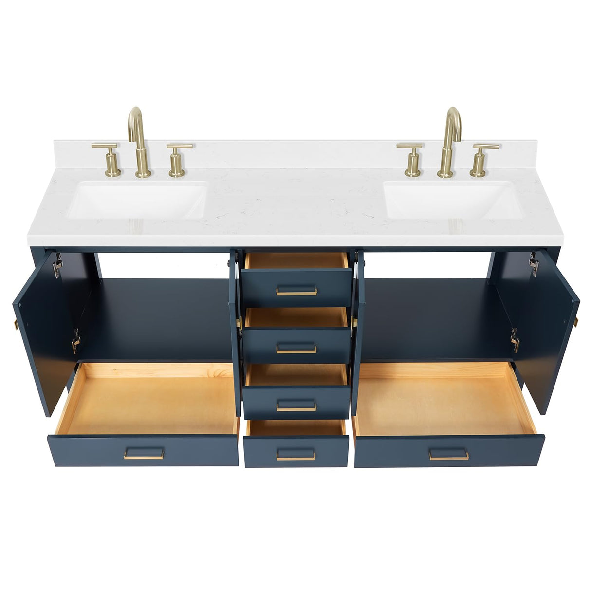 ARIEL Cambridge 72" Midnight Blue Double Vanity, 1.5" Edge Carrara White Quartz Countertop & Splash, Rectangular Sinks, 4 Soft Closing Doors, 6 Full Extension Dovetail Drawers, Satin Brass ARIEL