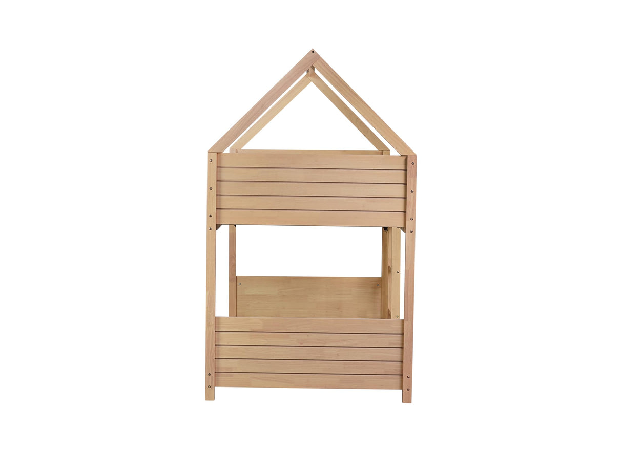 PVWIIK House Floor Bunk Bed/Twin Over Twin with Headboards & Footboards/Ladder and Guardrails for Boys Girls Bedroom,Low Floor Bunk Bed/No Box Spring Needed, Oak PVWIIK