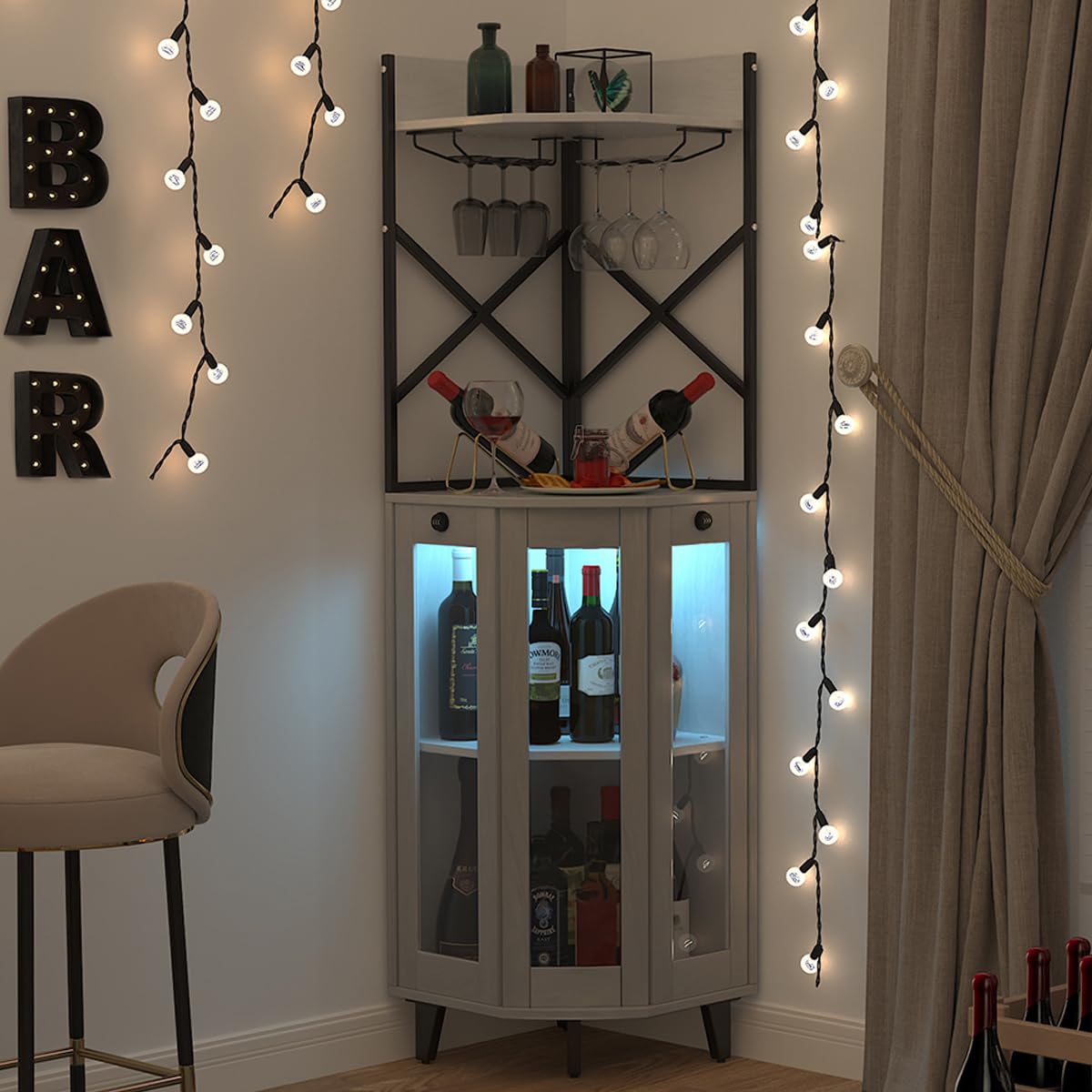COCO DESIGN Corner Wine Cabinet with Locking Door, Lockable Liquor Bar Cabinet with Light, Whiskey Bar with Glass Door Storage for Home Kitchen, Farmhouse, 2 Glass Holders & 2 Wine Holders, Gray COCO DESIGN