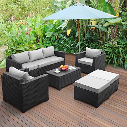 Patio Wicker Furniture Set 6 Pieces Outdoor PE Rattan Conversation Couch Sectional Chair Sofa Set with Grey Cushion Rattaner