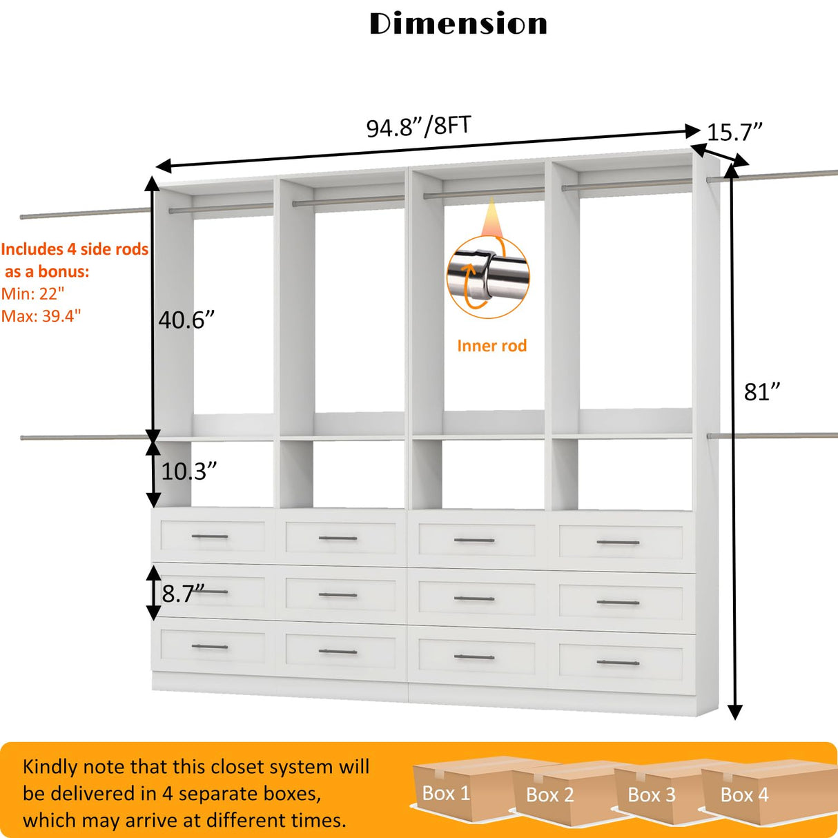 Dilando Closet System with Drawers, 8FT Wood Closet Organizer System Walk-in Closet Standalone Corner Closets Storage with Hanging Rods, White (8FT) Dilando