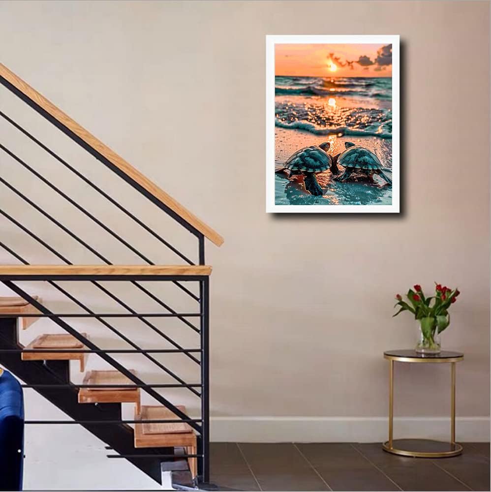MaiYiYi Sunset Turtle Diamond Painting Set, 5D Full Round Drill Tortoise Diamond Painting by Numbers, Sea Turtle Crystal Diamond Painting Set for Adult Beginners Home Wall Art Decor (30X40 CM) MaiYiYi