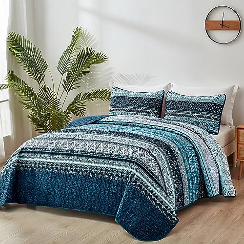 WONGS BEDDING Boho Queen Quilt Set, Blue Bohemian Queen Quilt Bedding Set, Lightweight Microfiber Bed Decor Bedspread for All Season 96"x90"(3 Pieces) WONGS BEDDING