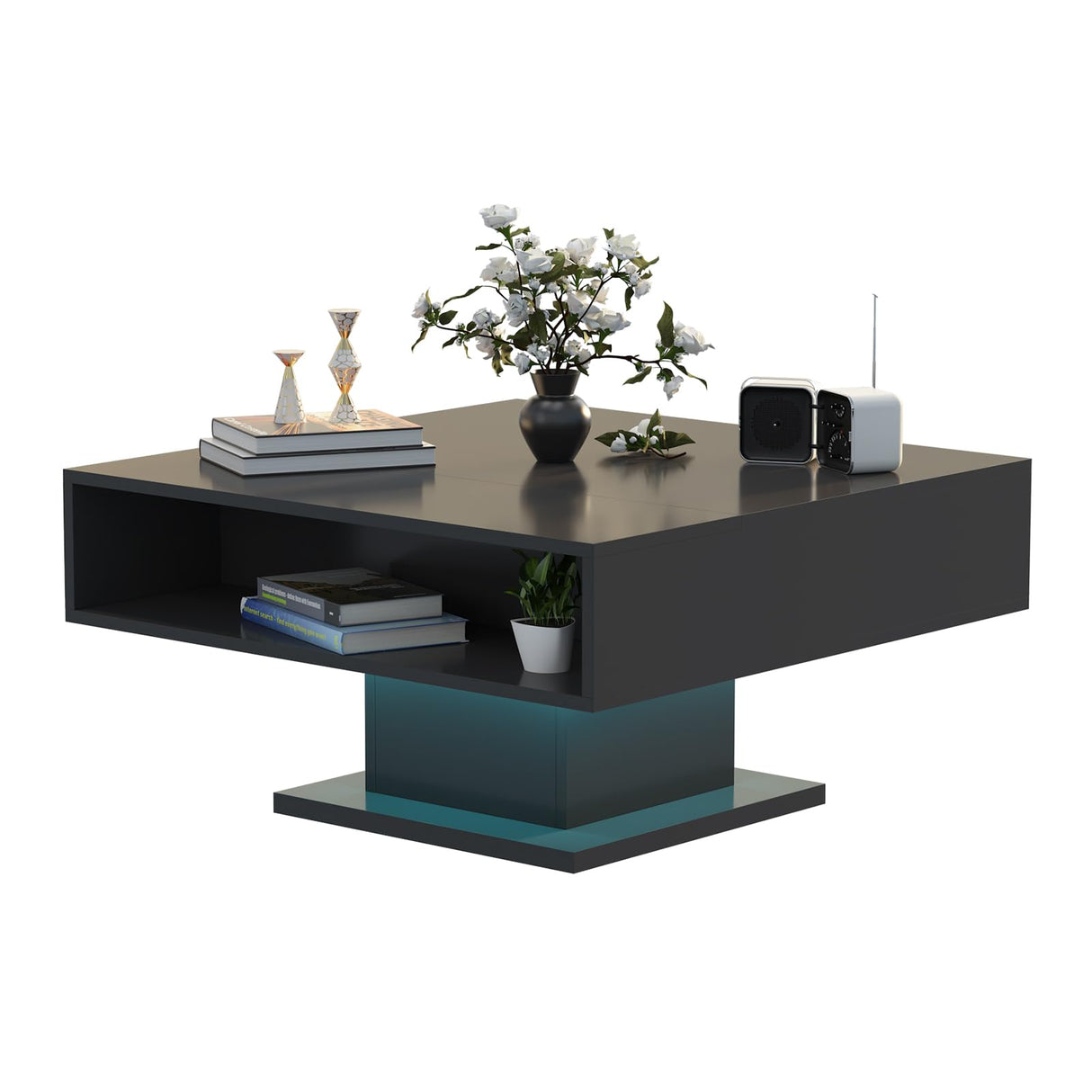 HedoAjim 30.7" Lift Top Coffee Table with Storage, Square Black Coffee Table for Living Room, Led Coffee Table with Large Hidden Storage, Wood Living Room Table Center Table for Dining Reception Room HedoAjim