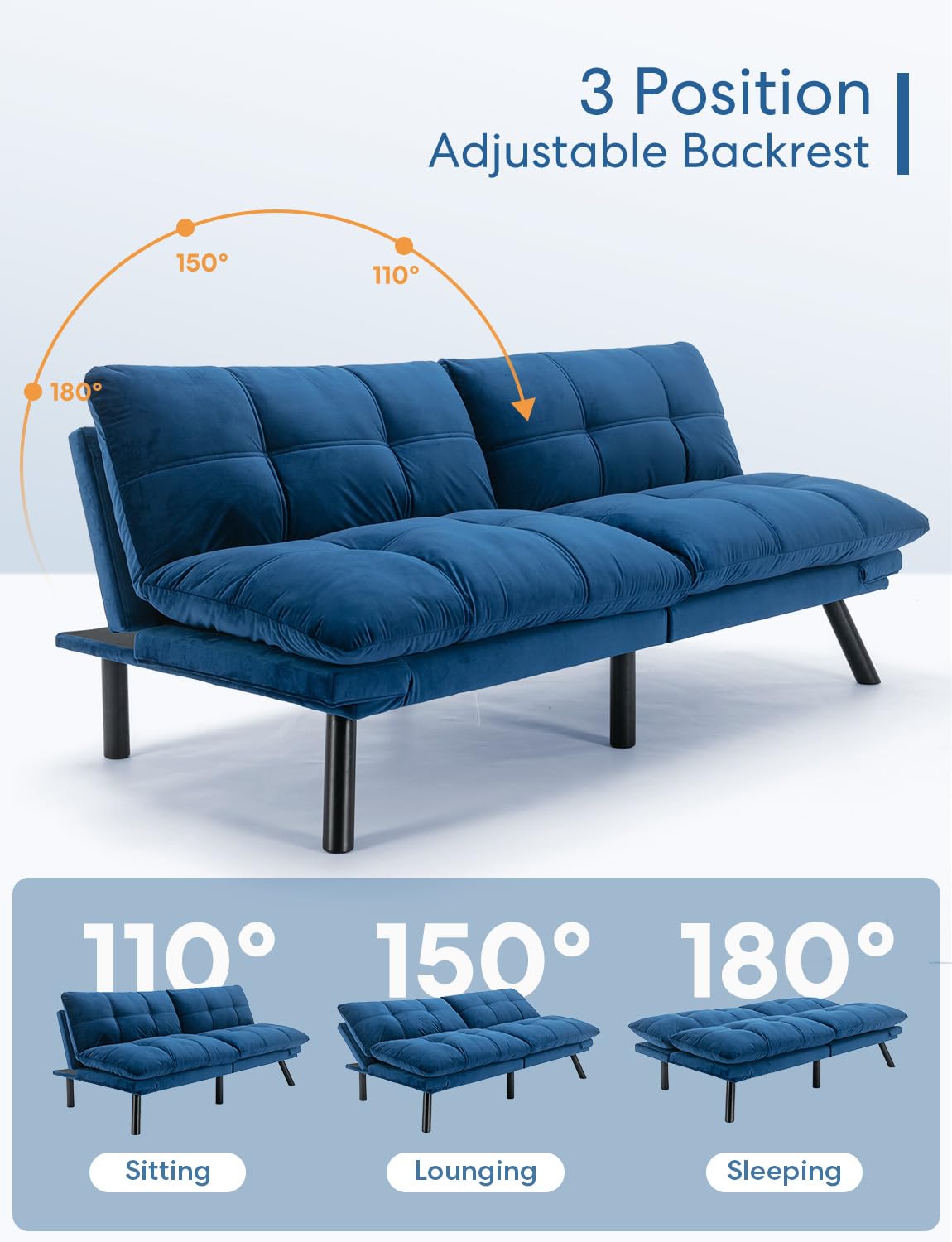 Miscoos Velvet Convertible Futon Sofa Bed, 71" Comfy Loveseat Sleeper Sofa with Adjustable Backrest Armrest, Strengthen Wood, Thick Padded Cushion, Small 2 Seater Futon Couch for Living Room, Bedroom Miscoos