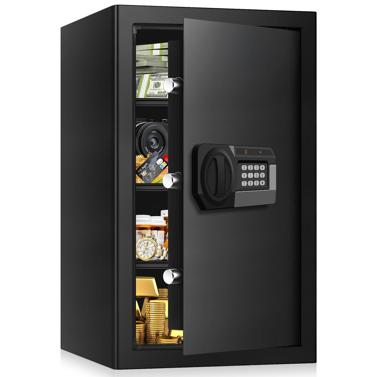 5.1 Cub Large Safes for Home Use Fire and Water Proof, Anti-theft Home Security Safe With Digital Keypad & 3 Removable Shelves and Led Light, Fireproof Safe Box for Documents Money Firearm Valuables Psisuvry