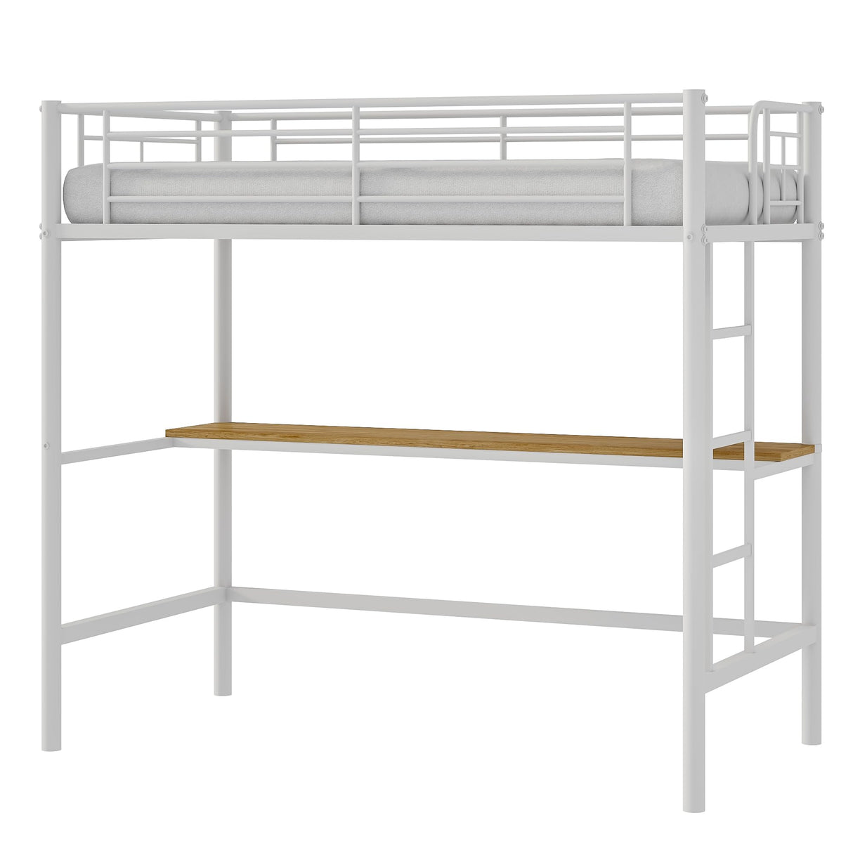 VECELO Metal Loft Bed Twin Size with Desk, Heavy Duty Bedframe with Removable Ladder and Safety Guardrail, Space-Saving, Noise Free, No Box Spring Needed, Off White VECELO
