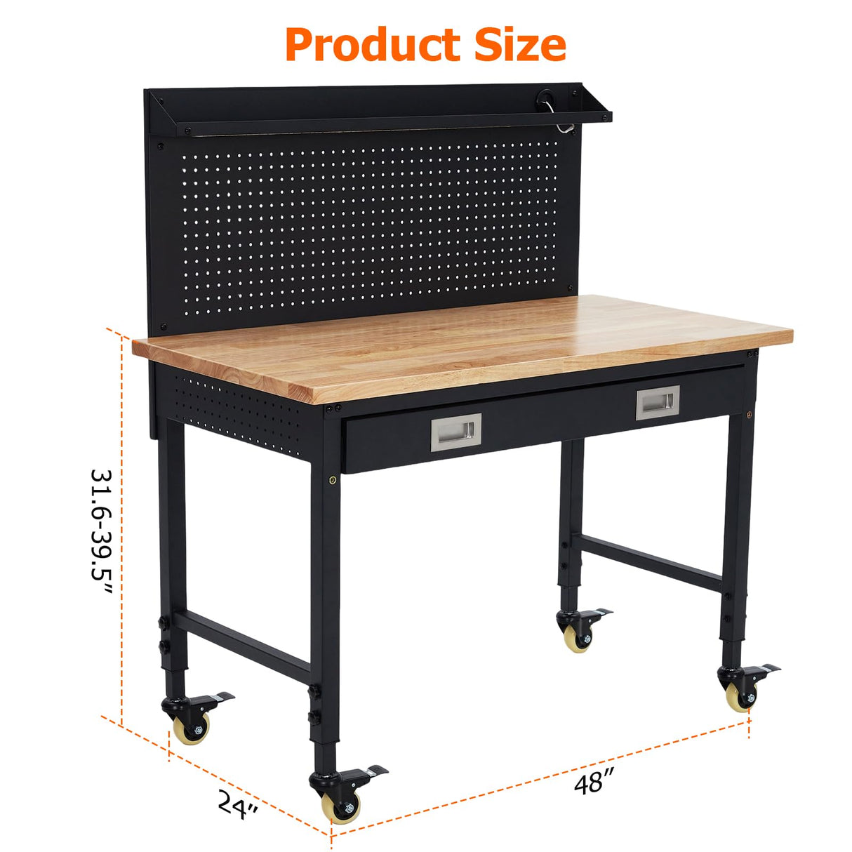 GarveeTech Adjustable Workbench for Garage, 48" Rubber Wood Top Workbench with Drawer Storage Pegboard, 2000 Lbs Load Capacity, Heavy Duty Workstation with Power Outlets & Wheels, Tool Storage Bench GarveeTech