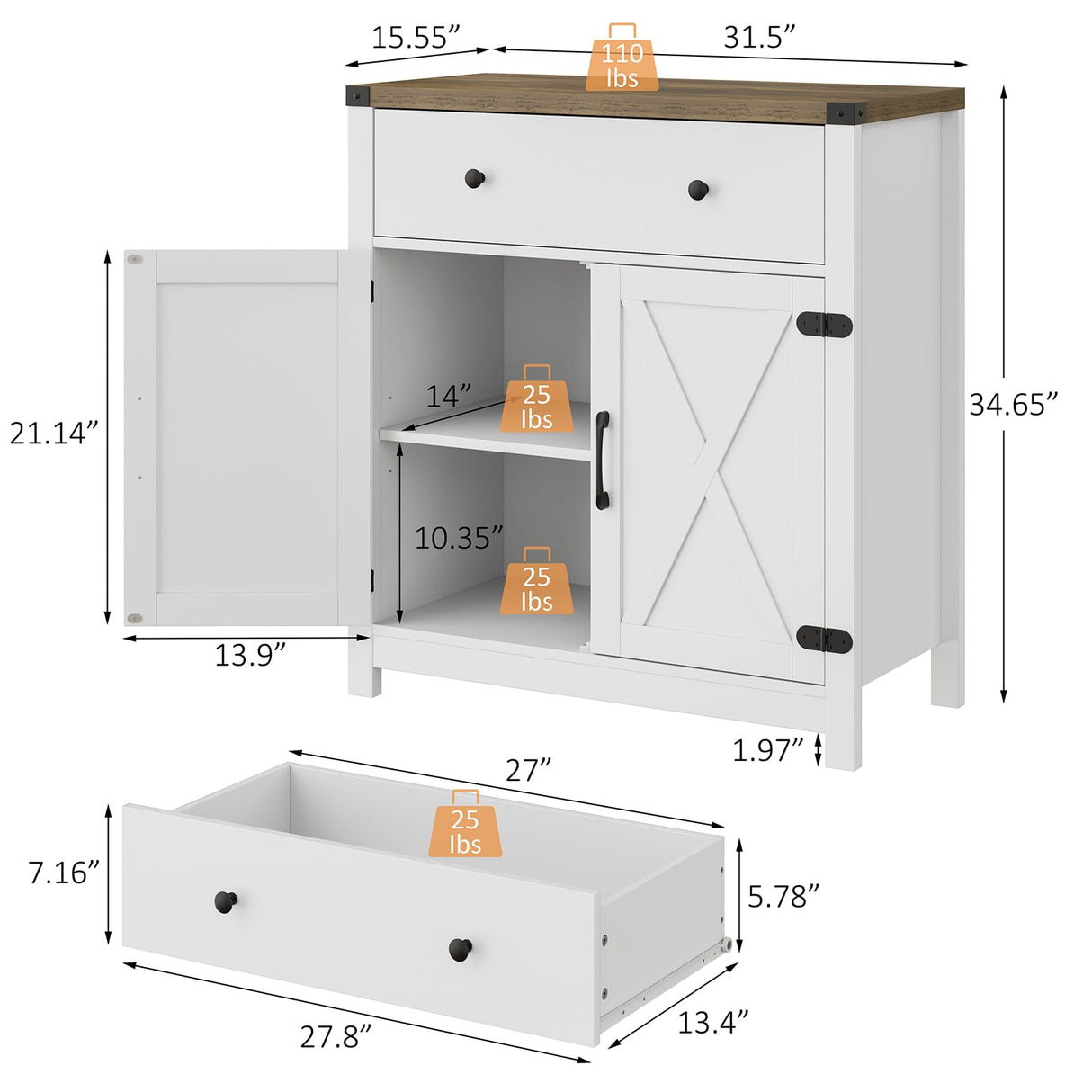 Coffee Bar Cabinet, Kitchen Storage Cabinet,Sideboard Buffet Cabinet with Storage,15.55" D x 31.5" W x 34.65" H Bar Door Kitchen Cabinet, Farmhouse Cabinet with Drawer and Adjustable Shlef, White Mufico