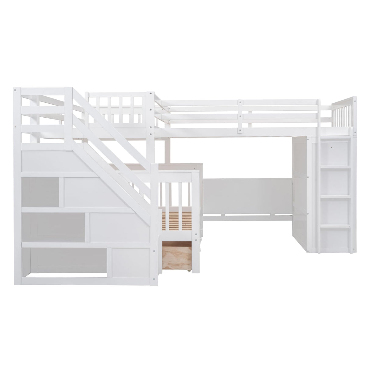 L-Shaped Bunk Bed for 4 Kids, Twin-Twin Over Full with 3 Drawers, Portable Desk and Wardrobe, Solid Wood Bedframe with Stairs and Full-Length Guardrails, No Box Spring Needed (White) BEDGJH