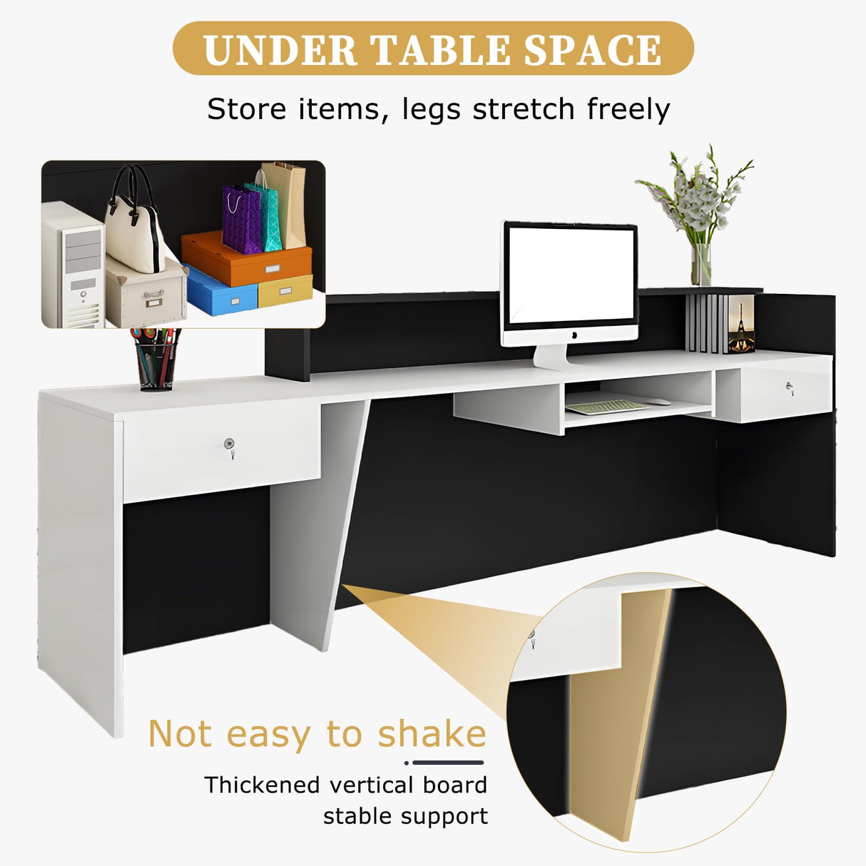 Modern Reception Desk with Storage Drawers and Open Shelves, 47-95 Inch Front Counter Table for Office, Salon, Lobby, Retail Store, or Home Workspace LSZMXI