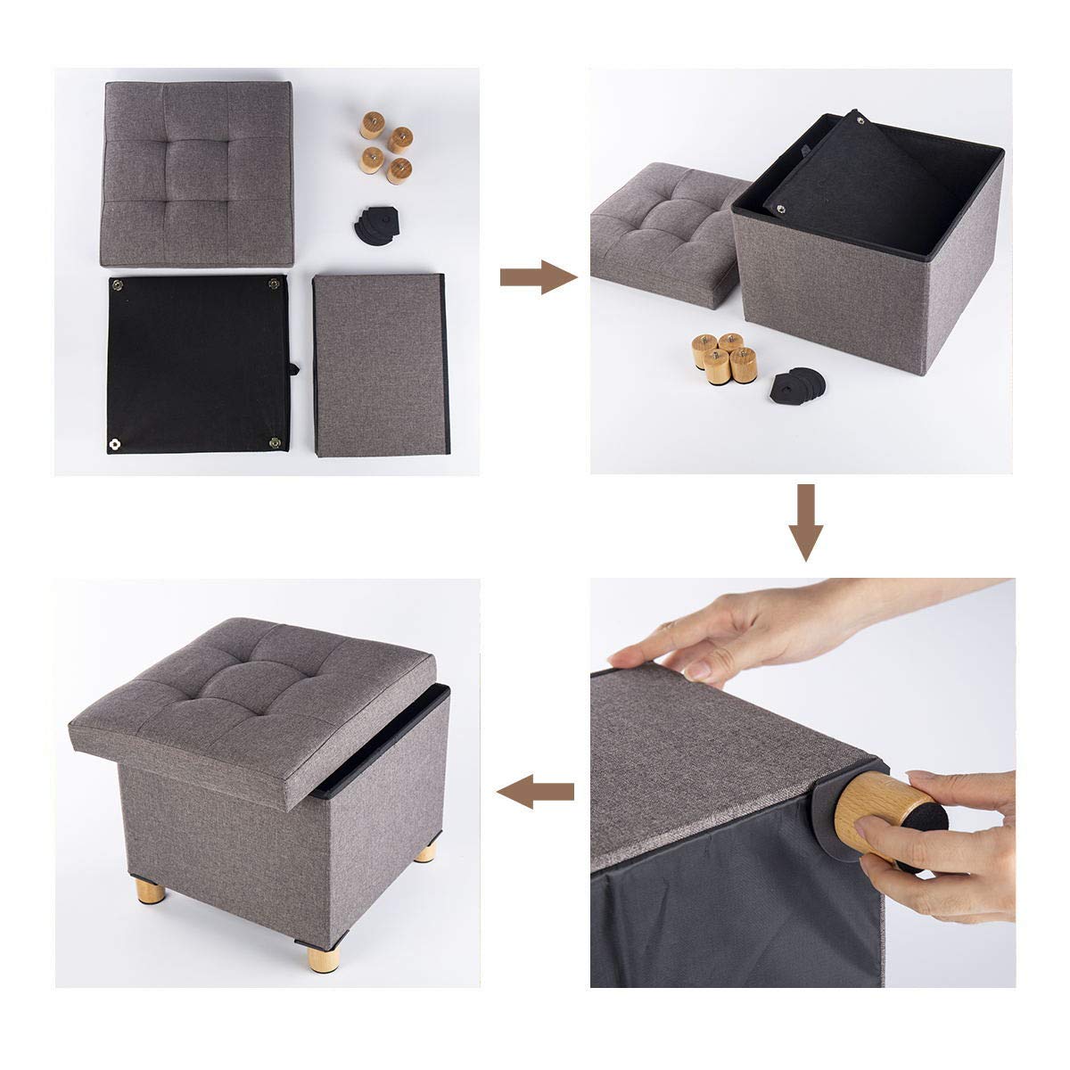 BRIAN & DANY Folding Storage Ottoman Cube, Ottoman with Storage, Small Ottoman Foot Rest with Wood Legs for Living Room 15"x15"x15" - Brown BRIAN & DANY