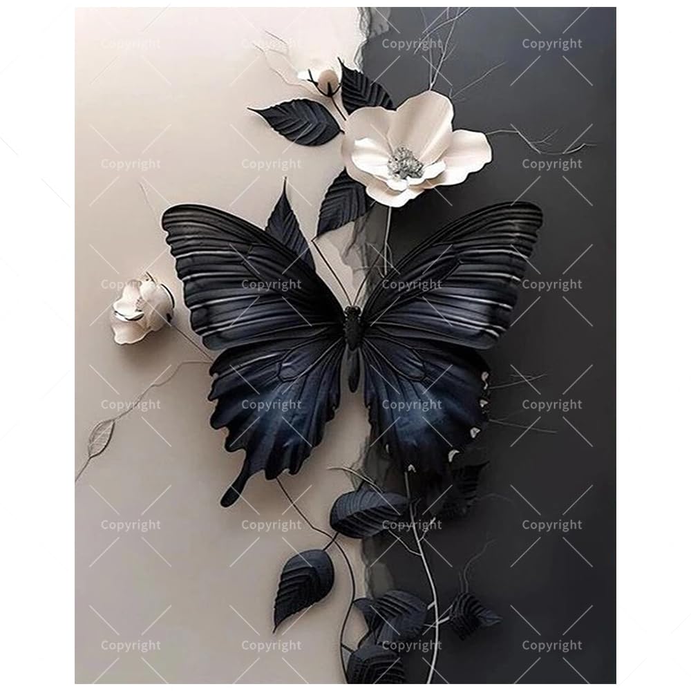 Butterfly Paint by Numbers Kit for Adults - DIY Black Butterfly and White Flowers Painting on Canvas 16x20 Inches,Acrylic Paint Set,Suitable for Beginners,Nature Art for Home Decoration/Gift TAOPAOLAB