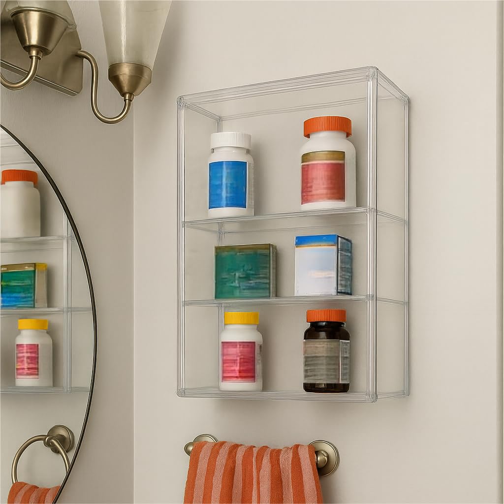 EAROND 3 Tier Clear Acrylic Display Case for Medicine,Collectibles,Figures,Wall Mounted Cabinet with Magnetic Door,Stackable Dustproof Showcase Storage Box EAROND