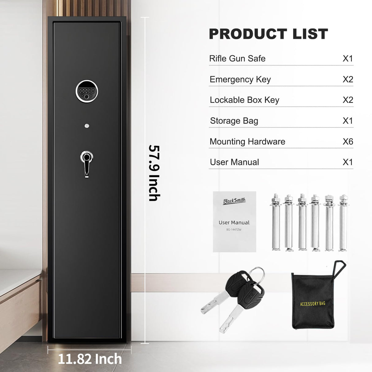 BlackSmith Biometric Gun Safe for Rifles Home Long Gun Safe Quick Access Fingerprint Recognition Pistols Safe Keypad Wall Mount Large Gun Cabinet with Lock Box Pistol Rack Pockets Ammo Storage BlackSmith