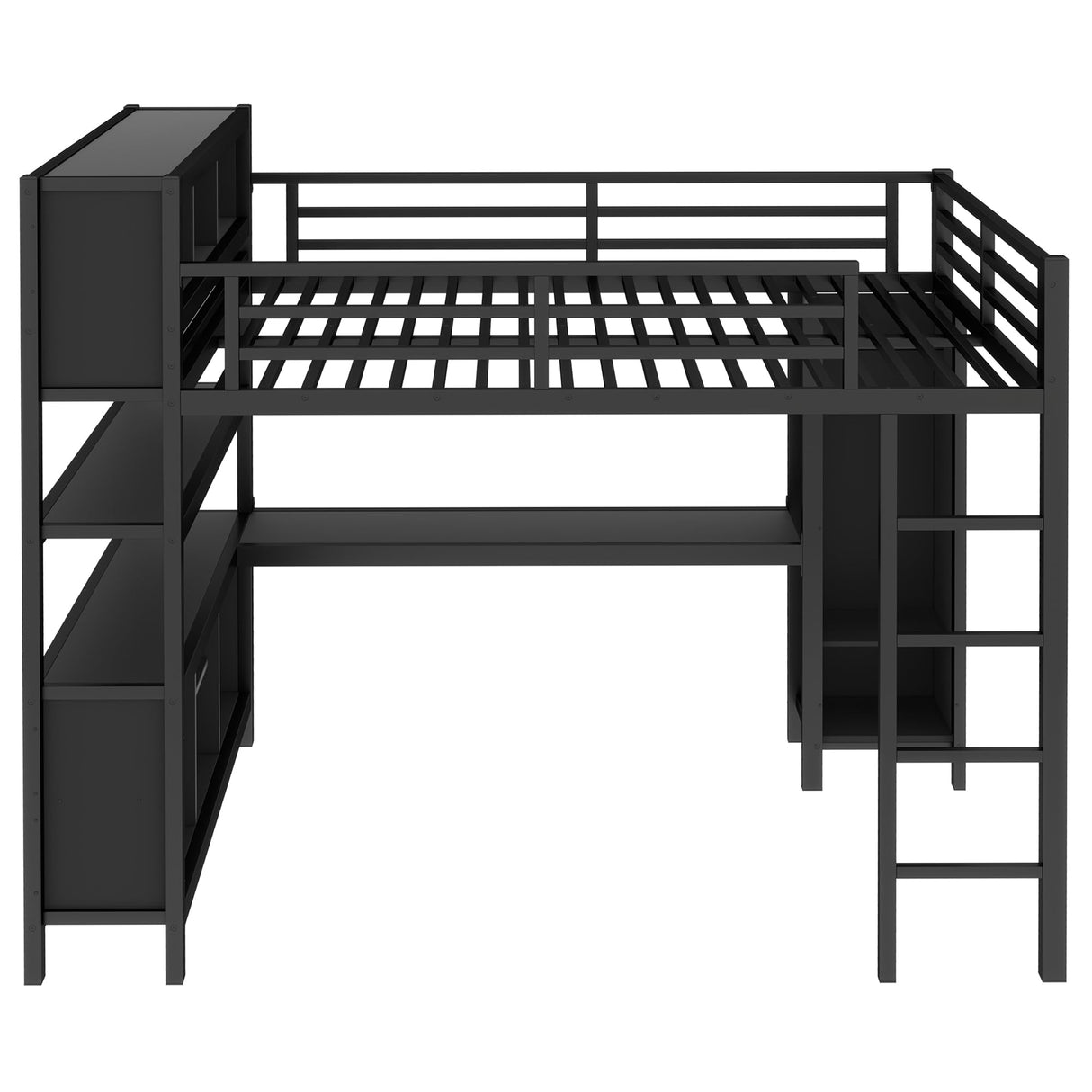 Queen Loft Bed with Wardrobe and Storage Cubes, Queen Size Loft Bed with Desk and Storage Shelf, Metal Loft Bed with Guardrail, Queen Size Loft Bed for Adults, Teens, Kids(Black Queen) Bellemave