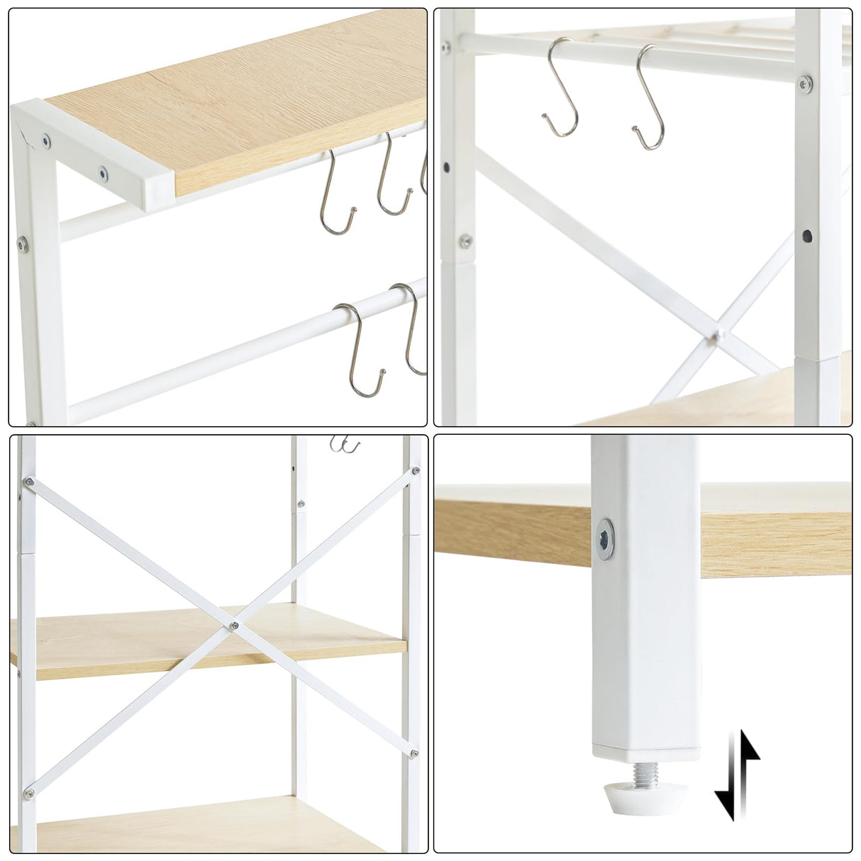 YMYNY Kitchen Baker's Rack, Microwave Oven Stand with Storage Shelves, Wine Holders, S-Hooks, Adjustable, Metal Frame, Natural Color UHBR001R YMYNY