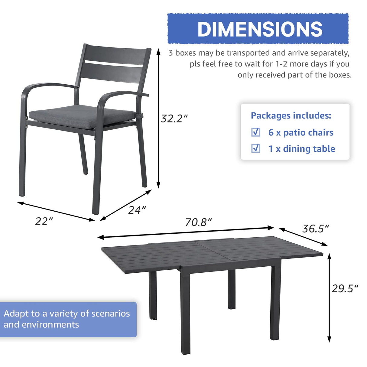 Soleil Jardin 7-Piece Outdoor Patio Dining Set, 35" - 71" Aluminum Expandable Outdoor Dining Table Set for 6, 6 Stackable Chairs with Gray Removable Cushions, Dark-Grey Soleil Jardin