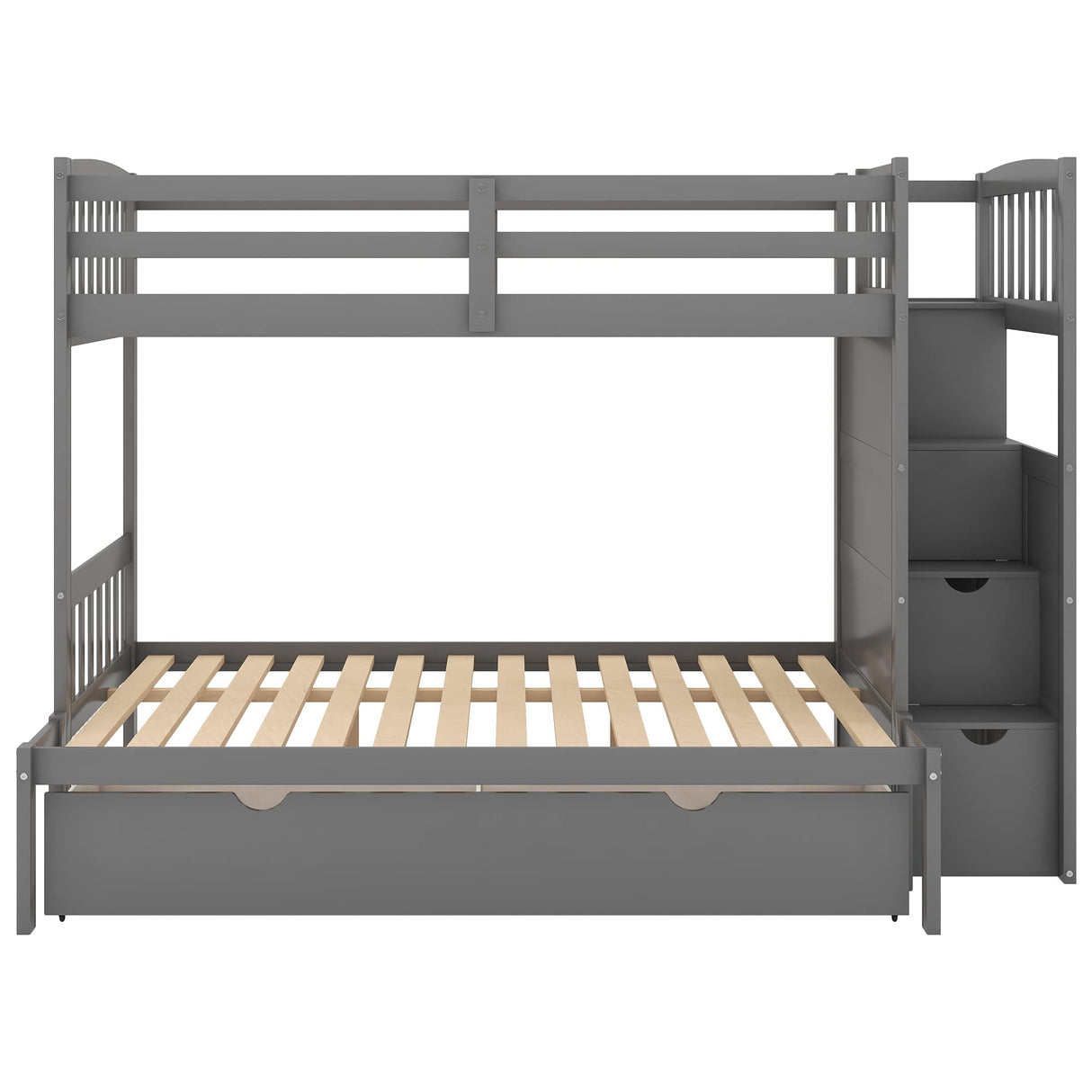 Ibraccieni Twin Bunk Bed - Twin Over Full Bed with Storage Stairway & Shelves, Drawers and Cabinet Door, Wooden Convertible Bottom Bed for Bedroom Dormitory Apartment or Guest Room, Grey Ibraccieni