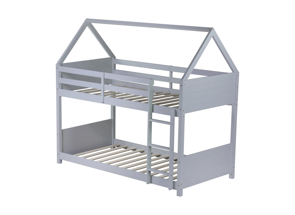 Ball & Cast Twin Over Twin House Bunk Bed for Kids,Rubber Wood Bunk Bed with Headboards, Footboards and Guardrails, Ladder,Twin Size House Shaped Bunk-Bed, No Box Spring Needed,Gray Ball & Cast