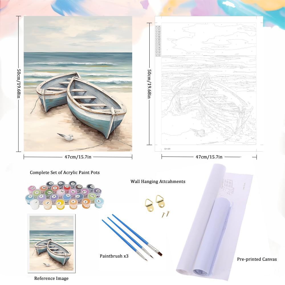Natuyalo Paint by Numbers for Adults Beginner, Boat on The Beach Acrylic Easy Paint by Numbers Kits Craft Kits for Adults Suitable for Home Wall Decoration Flameless 16x20 Inch Natuyalo