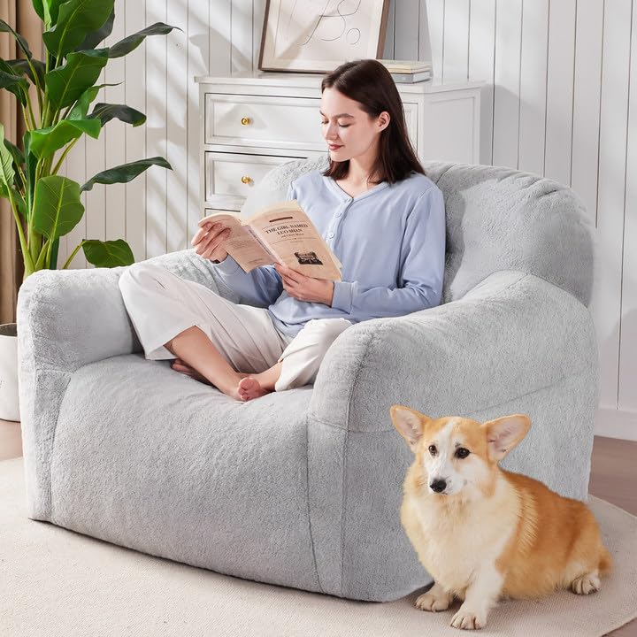 Spacocld Giant Bean Bag Chair for Adults - Large Bean Bag Couch with Armrests, Bean Bag Sofa Stuffed High-Density Foam, Plush Lazy Sofa Comfy Chair, BeanBag Couch for Bedroom, Living Room (Light Grey) Spacocld